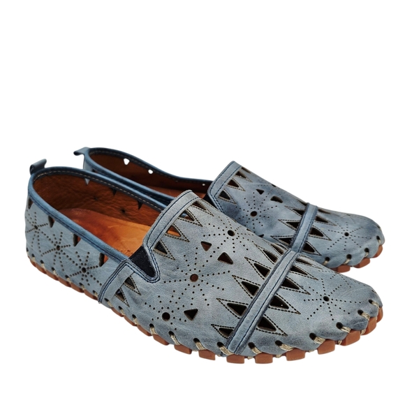 Spring Step Blue Fusaro Leather Perforated Eyelet Loafers - Picture 1 of 13